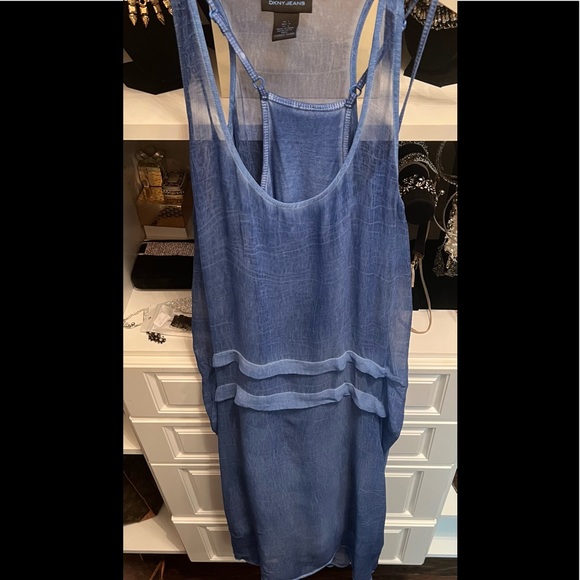 DKNY LINED BLUE VISCOSE & COTTON DRAPED DRESS SZ L - Picture 2 of 13